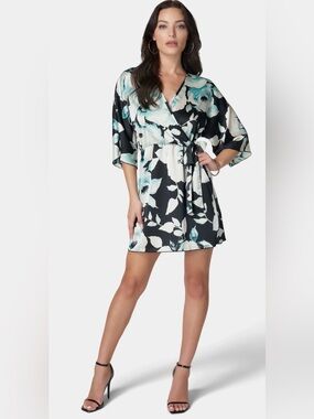 Bebe Womens Printed Satin Kimono Dress Black Mint Floral Size S